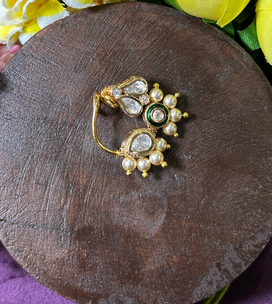 Kundan Pearl Maharashtrian Nath with Green Accent