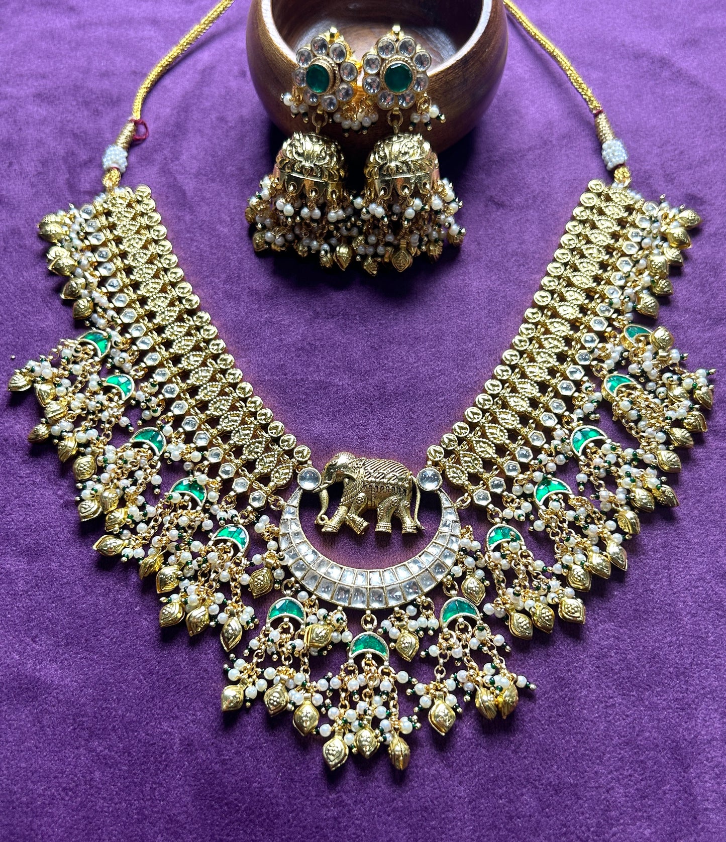 Royal Pachikundan Elephant Motif Necklace Set with Emerald Accents