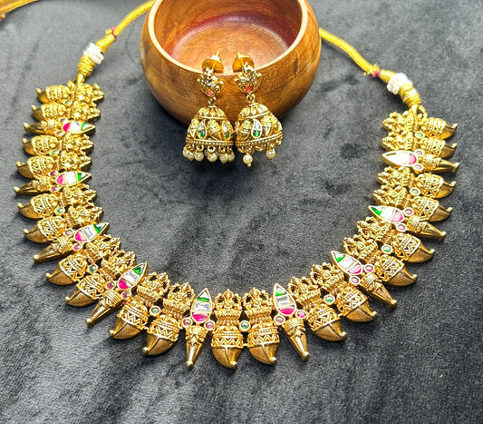 Traditional Lakshmi Necklace Set – Antique Finish with Jhumka Earrings