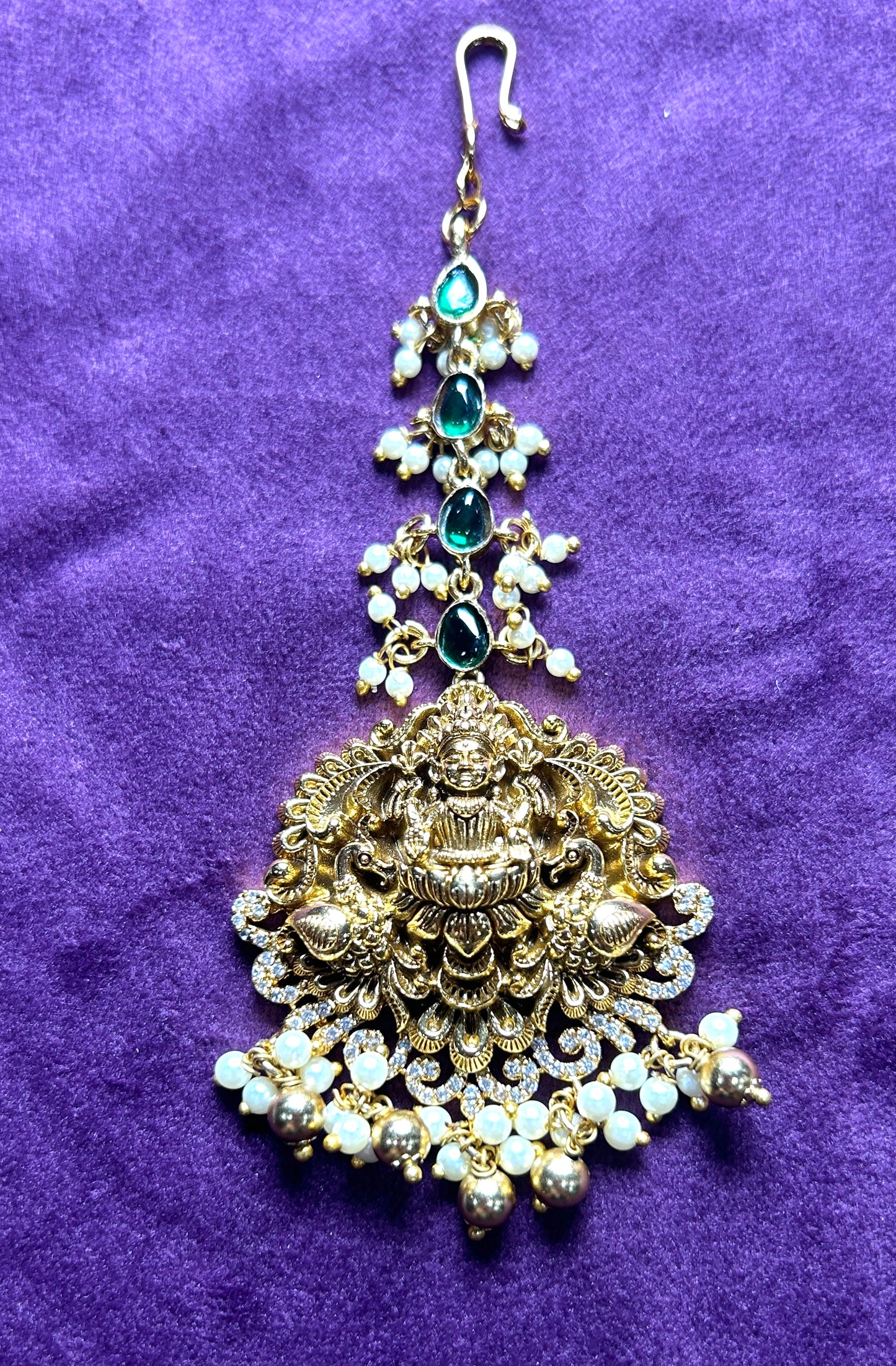 Temple Maang Tikka with Lakshmi Devi Motif & Emerald Accents