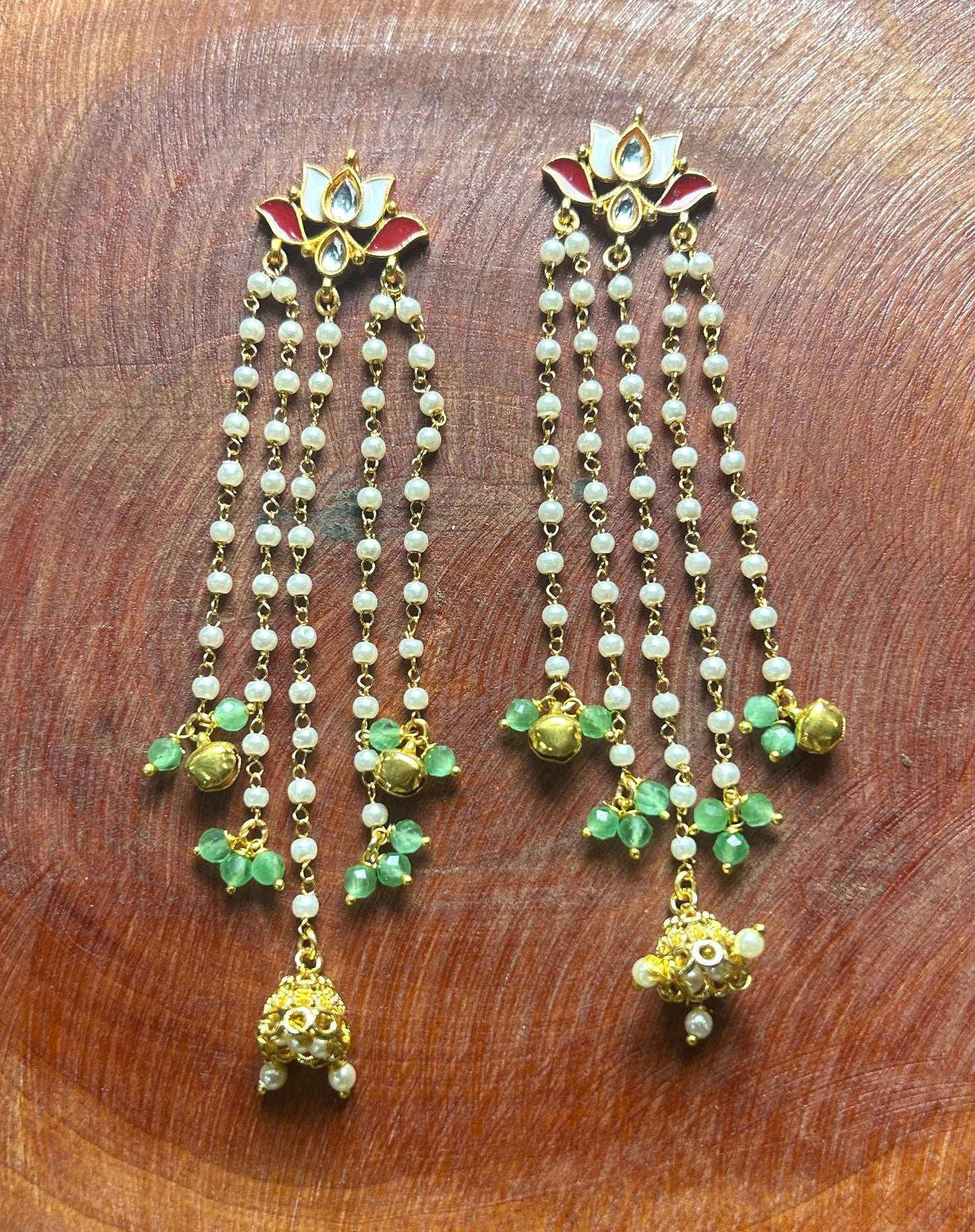 Lotus Long Hair Accessory with Pearl Chains & Green Beads – Bridal Juda Accessory