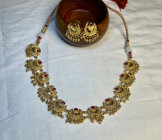 Traditional Temple Style Necklace Set – 1 Gram Gold Finish