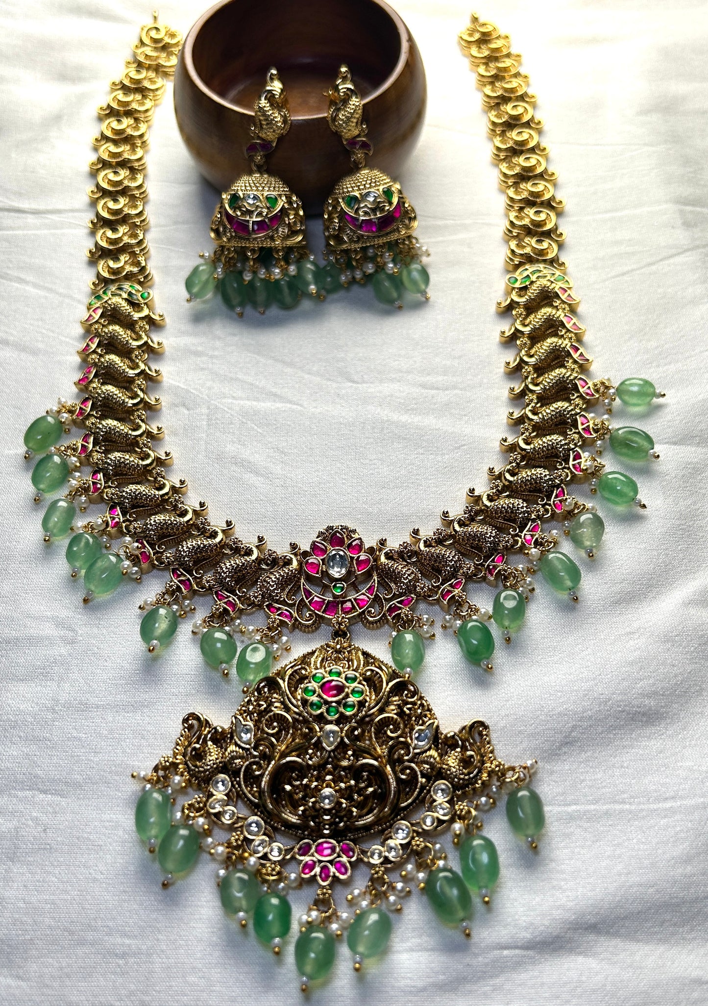 Antique Peacock Bridal Necklace Set with Green Drops