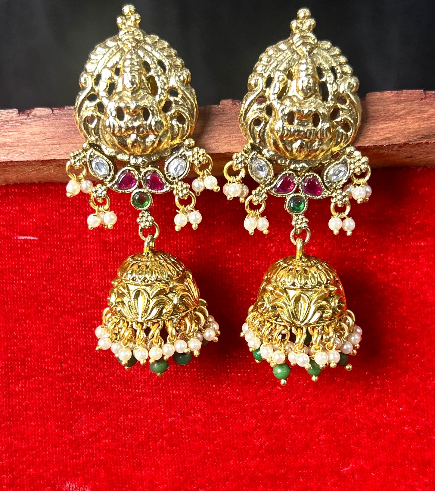 Lakshmi Motif Temple Jhumkas with Pearl & Emerald Drops