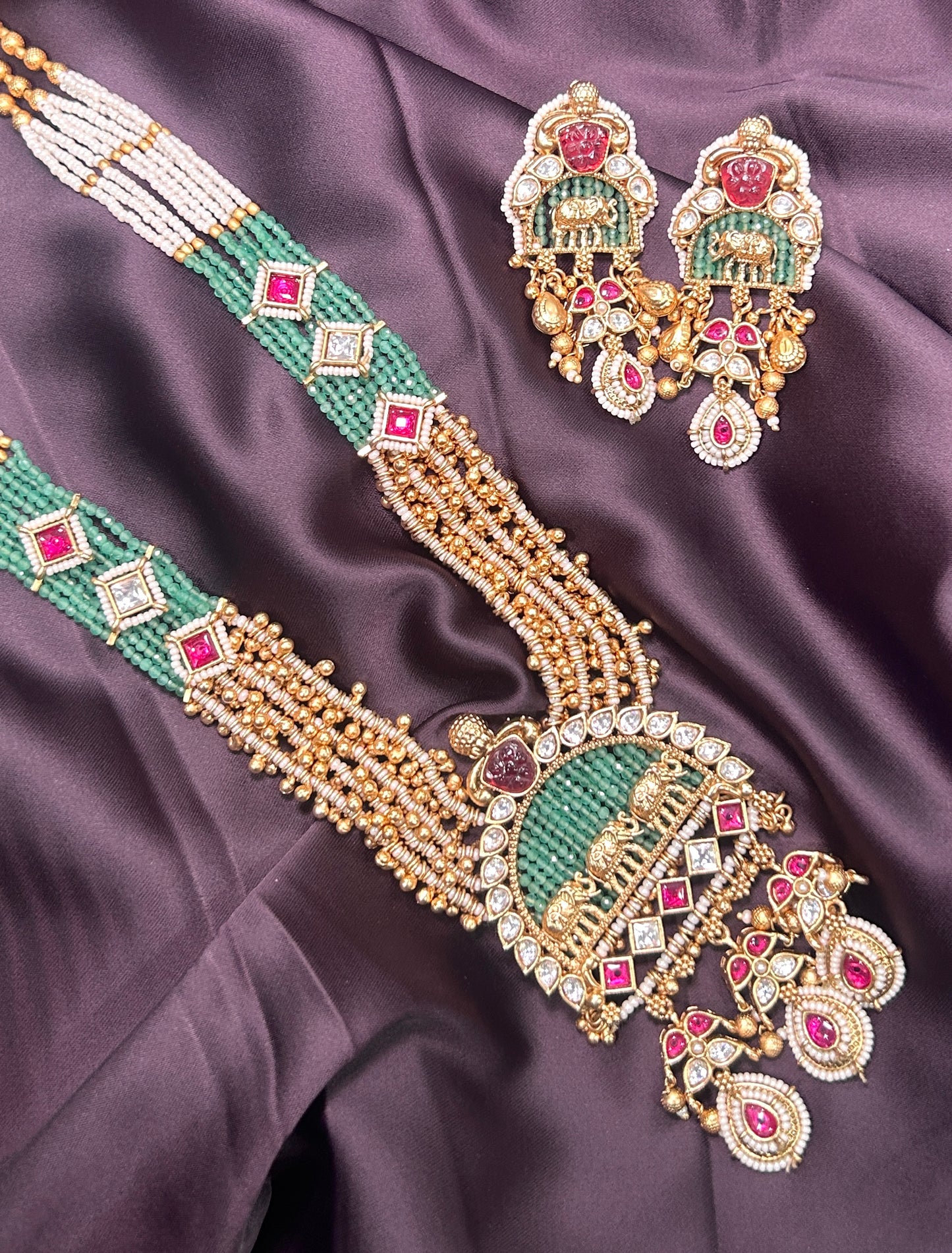 Temple Elephant Motif Long Necklace Set