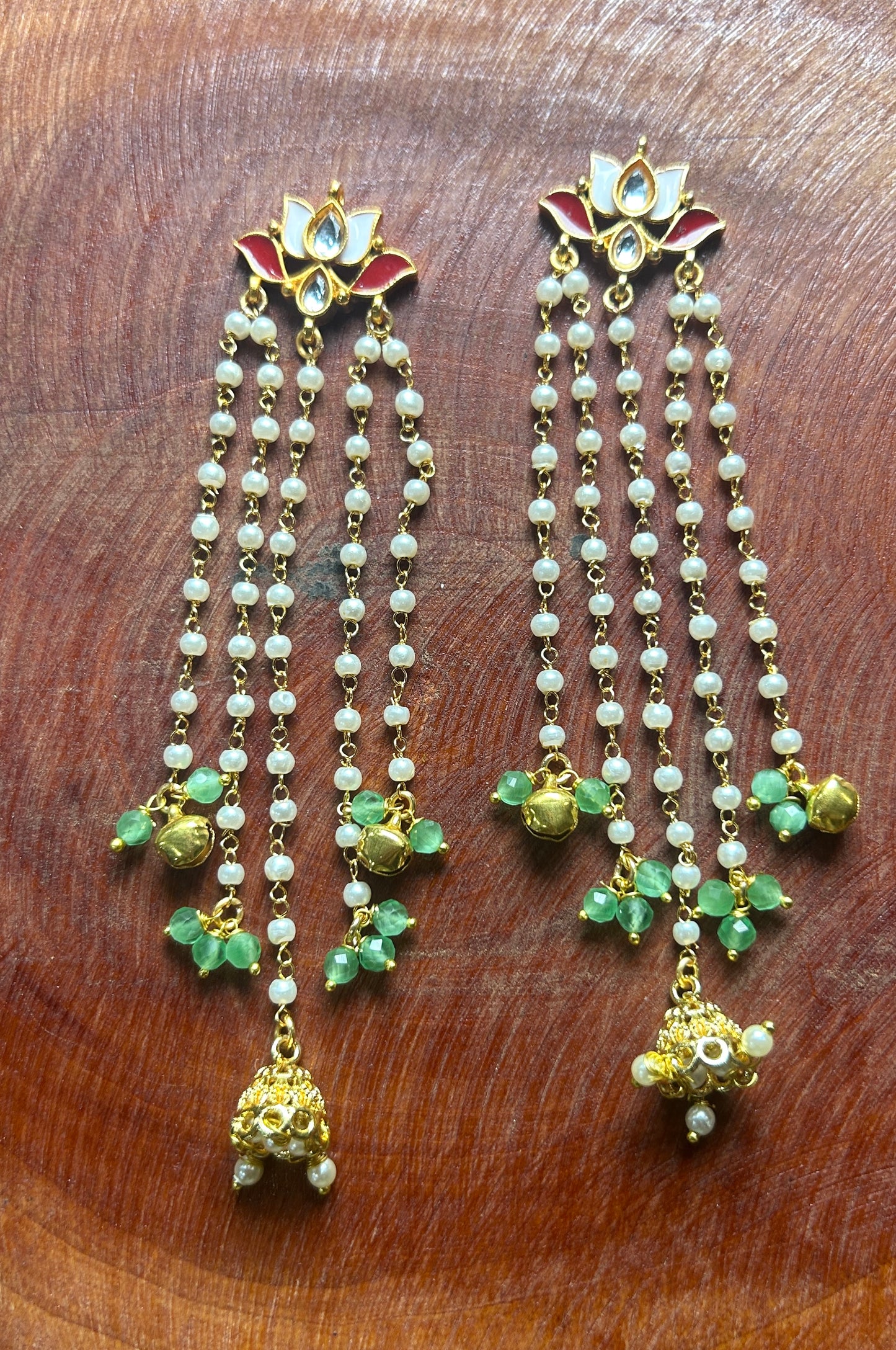 Lotus Long Hair Accessory with Pearl Chains & Green Beads – Bridal Juda Accessory