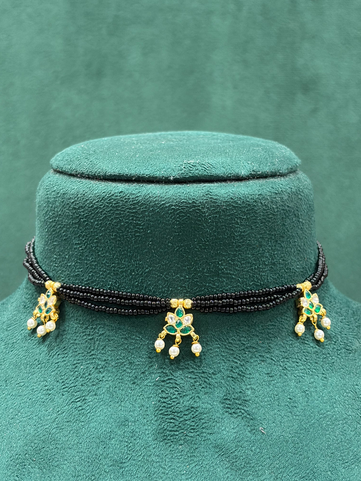Green Stone Paachi Kundan Black Beaded Necklace with Pearl Drops