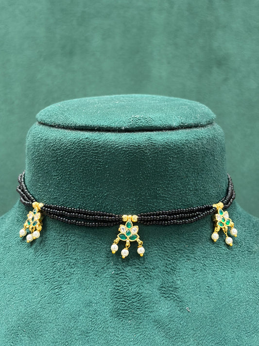 Green Stone Paachi Kundan Black Beaded Necklace with Pearl Drops