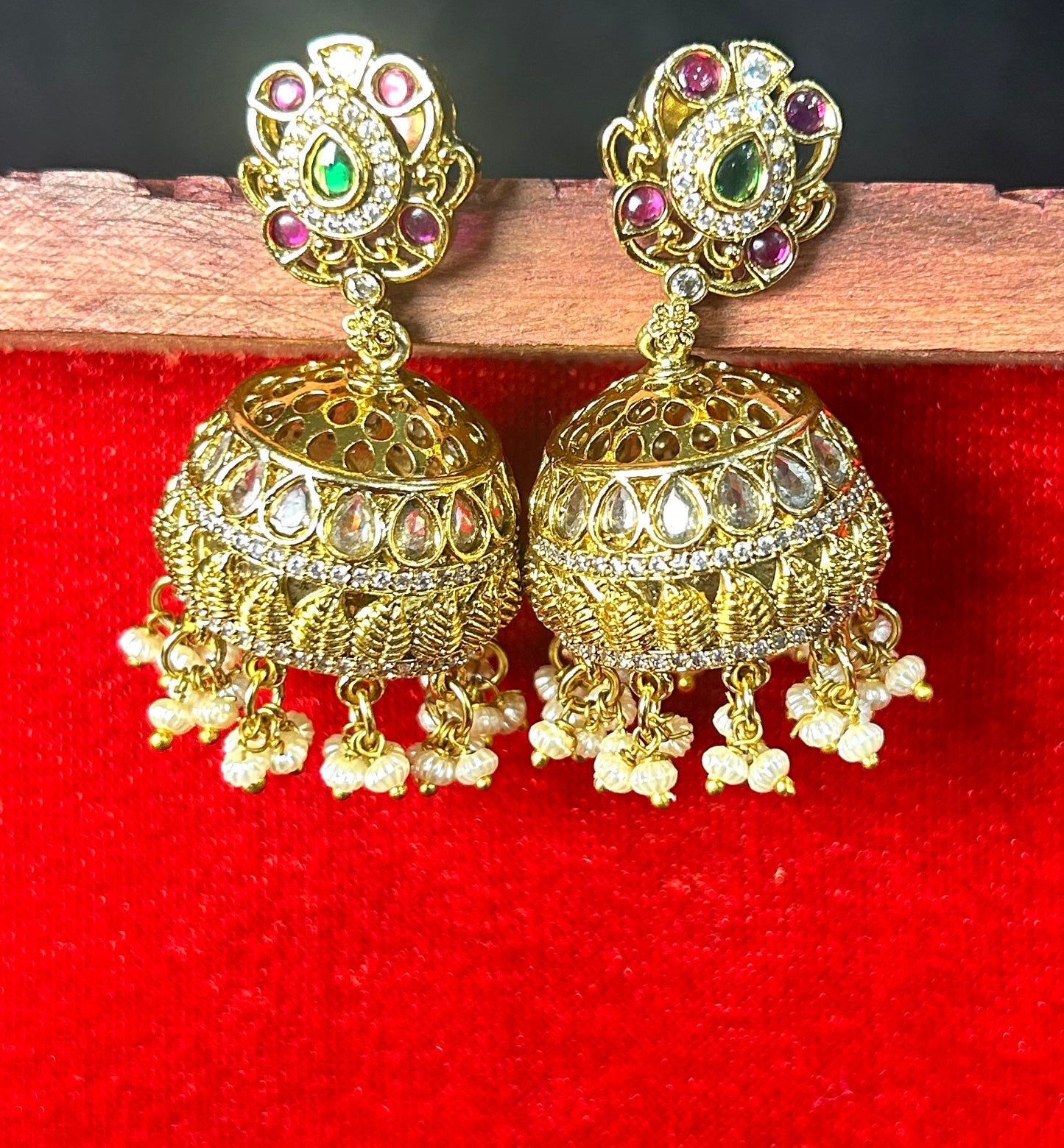 Kundan & Pearl Dome Jhumkas with Floral Studs
