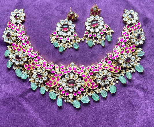Royal Kundan & Enamel Choker Necklace Set in Pink & Green