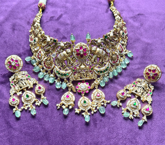 Antique Temple Jewellery Set with Elephant & Lakshmi Motif