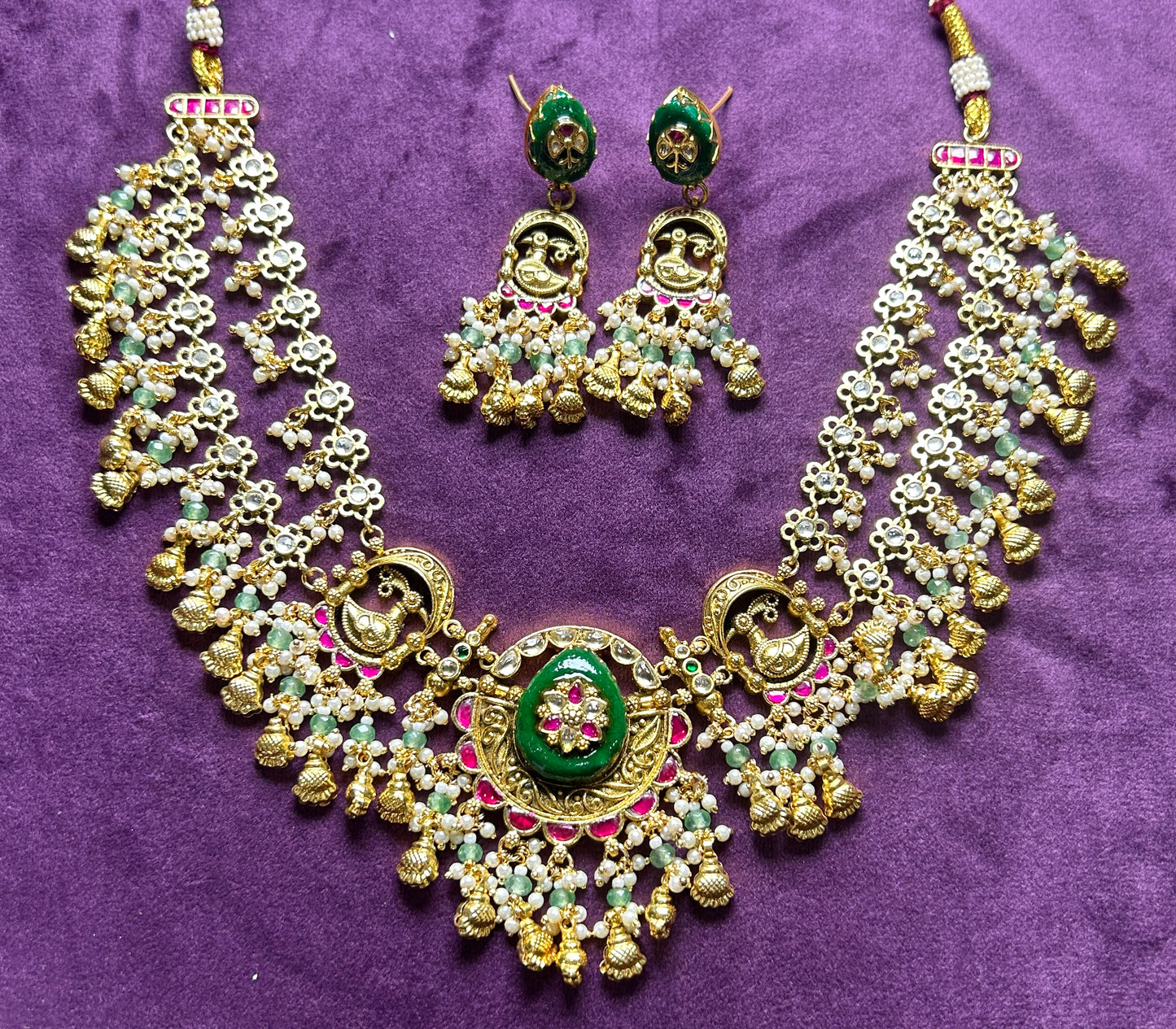 Antique Pachikundan Necklace Set with Twin Peacock Motifs