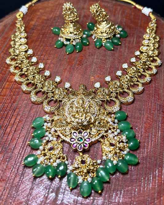 Lakshmi Antique Temple Necklace with Emerald Drops