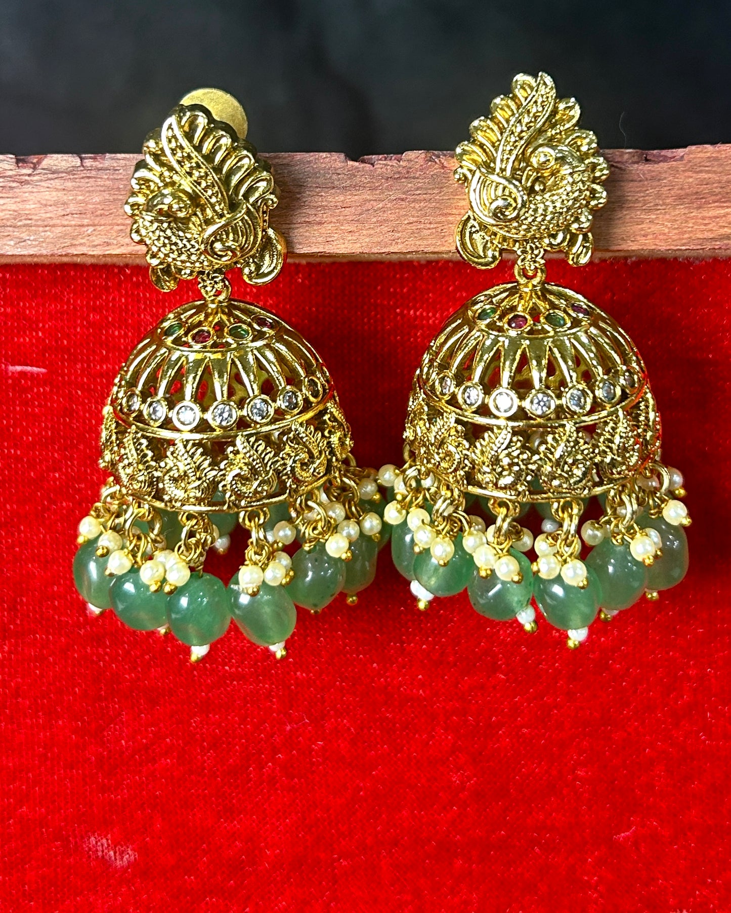 Emerald Beaded Peacock Jhumka