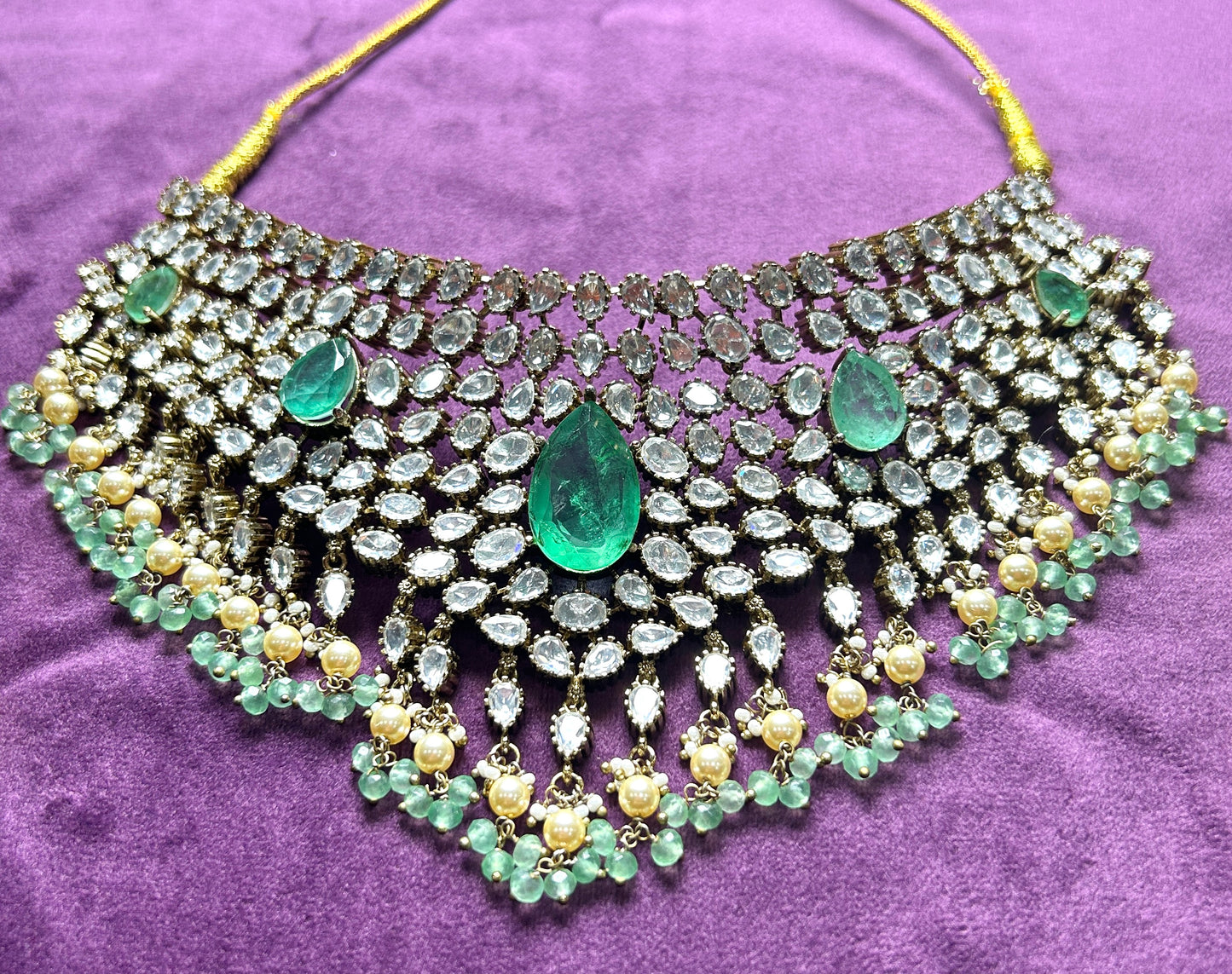 Emerald Green Stone Choker Set with Earrings