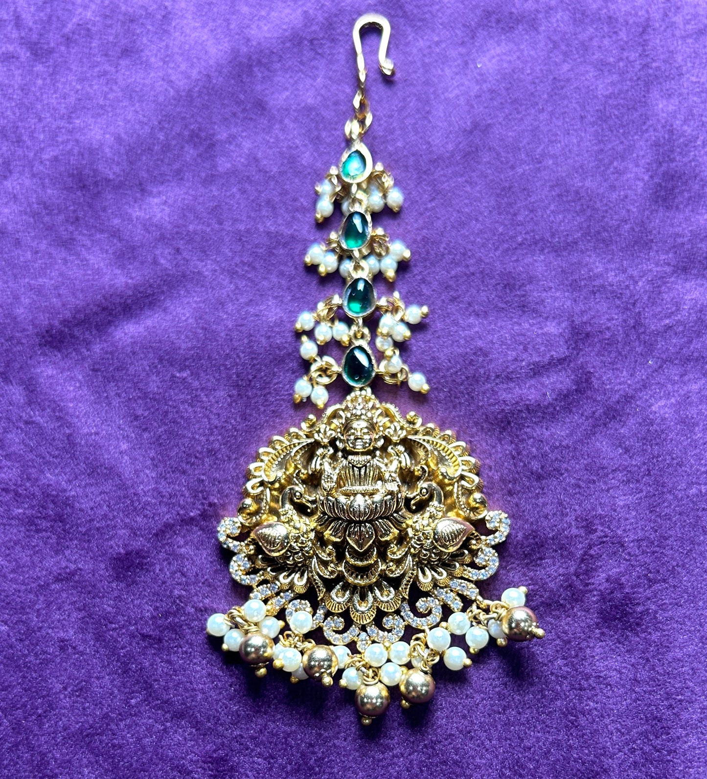 Temple Maang Tikka with Lakshmi Devi Motif & Emerald Accents