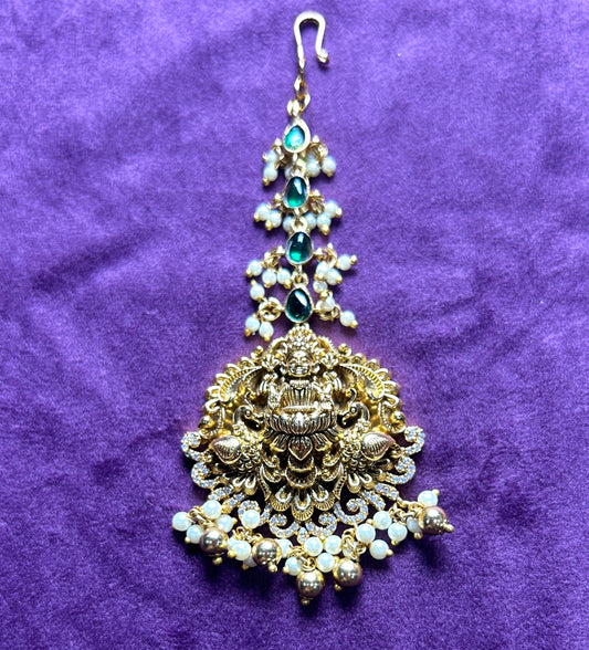 Temple Maang Tikka with Lakshmi Devi Motif & Emerald Accents