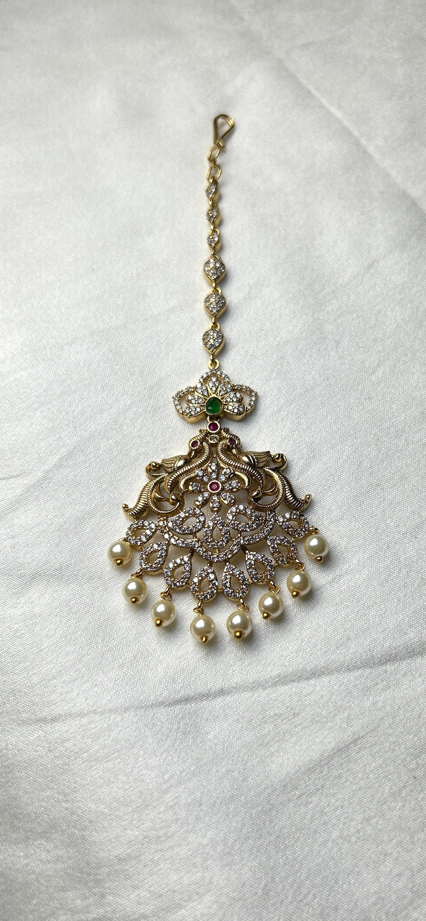 Victorian CZ Maang Tikka with Pearl Drops