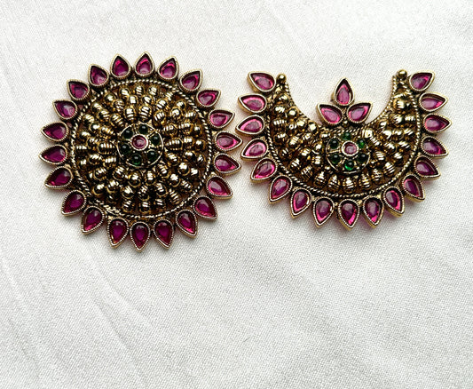 Antique South Indian Sun & Moon Brooch – Ruby Matte Finish