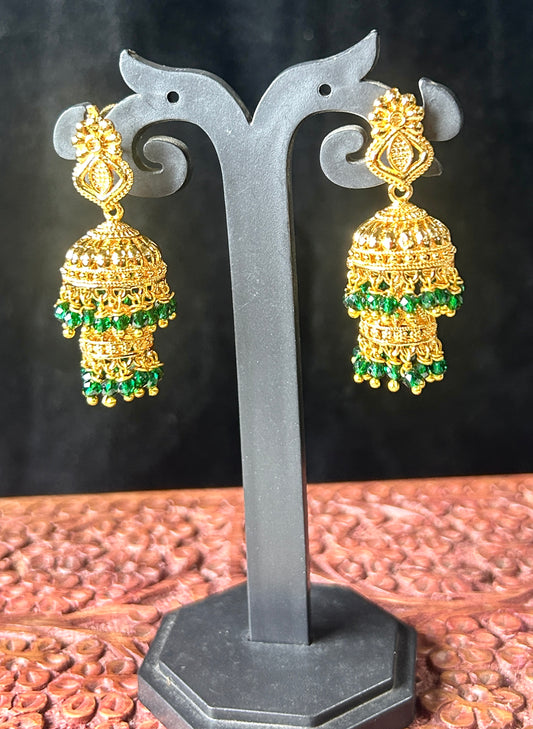 Double Layered Green Beaded Jhumkas
