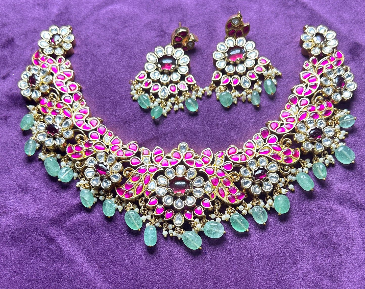 Royal Kundan & Enamel Choker Necklace Set in Pink & Green