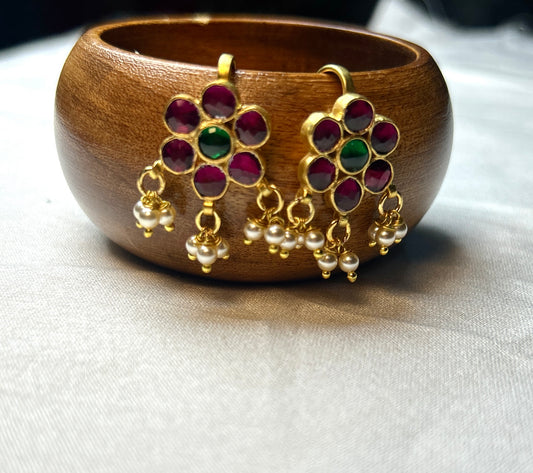 Floral Pachi Kundan Earrings with Pearl Drops