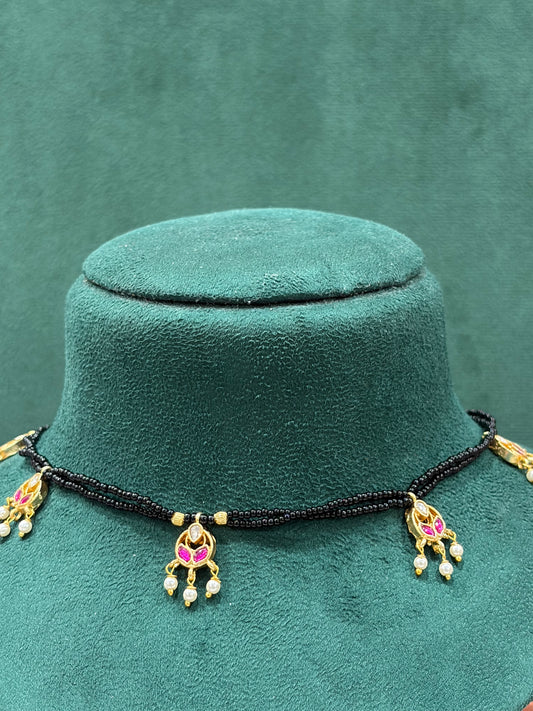 Pink Stone Paachi Kundan Black Beaded Necklace with Triple Pendants