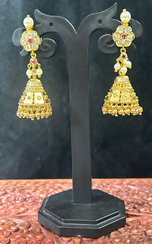 Floral Stone Jhumkas with Pearl Accents