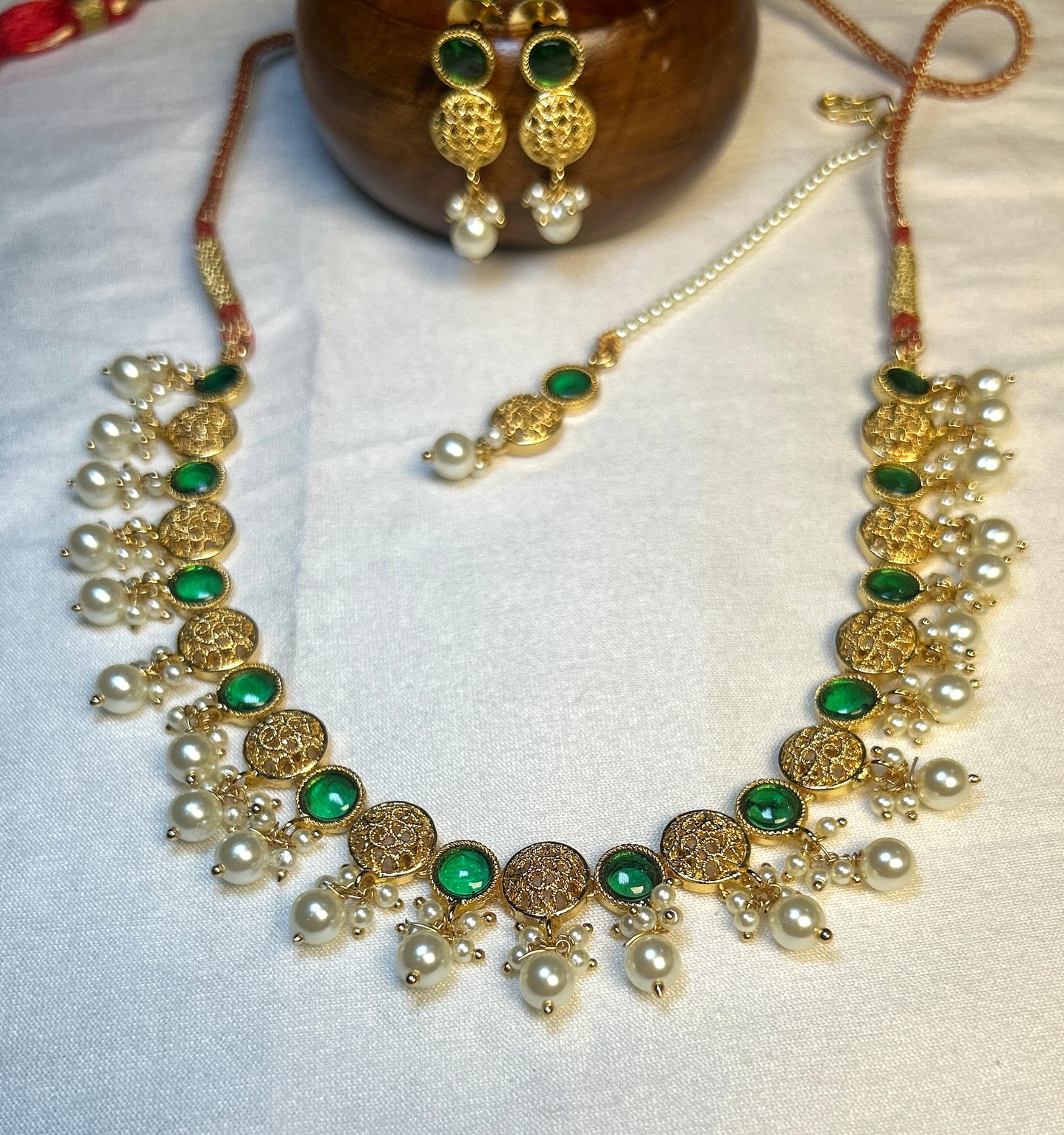 Green Kundan & Pearl Traditional Necklace Set – 1 Gram Gold Finish