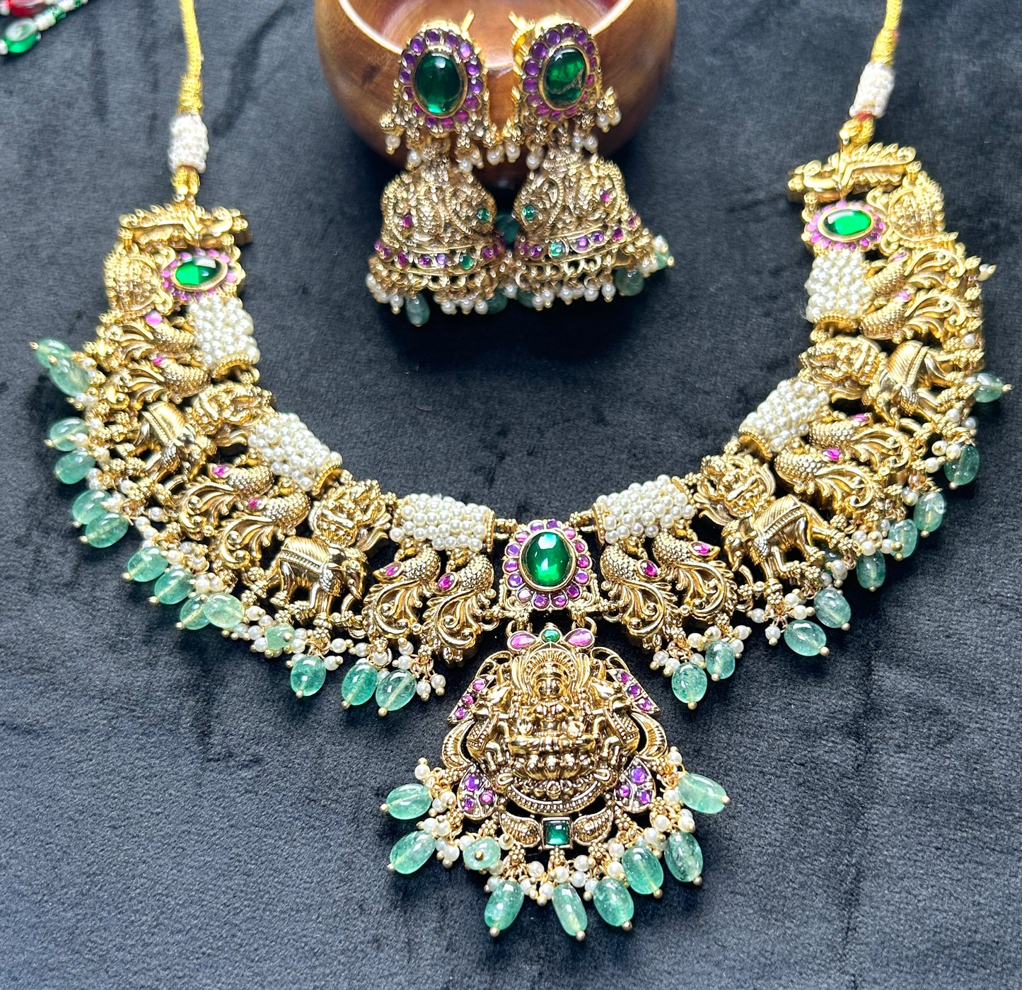 Divine Lakshmi Temple Necklace Set with Lion & Elephant Motifs – Green Stone Highlights