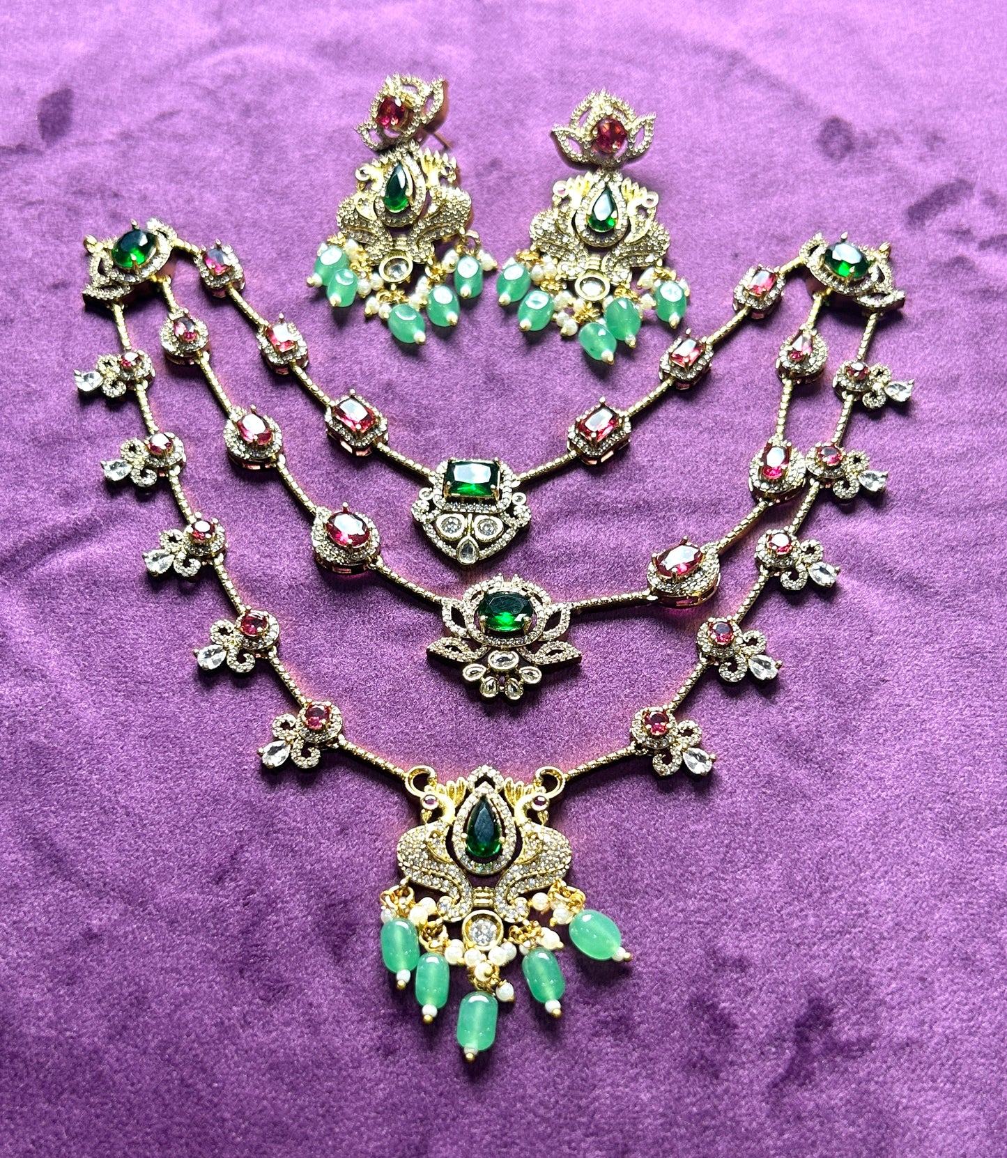 Multilayer Ruby-Emerald Stone Necklace Set with Earrings