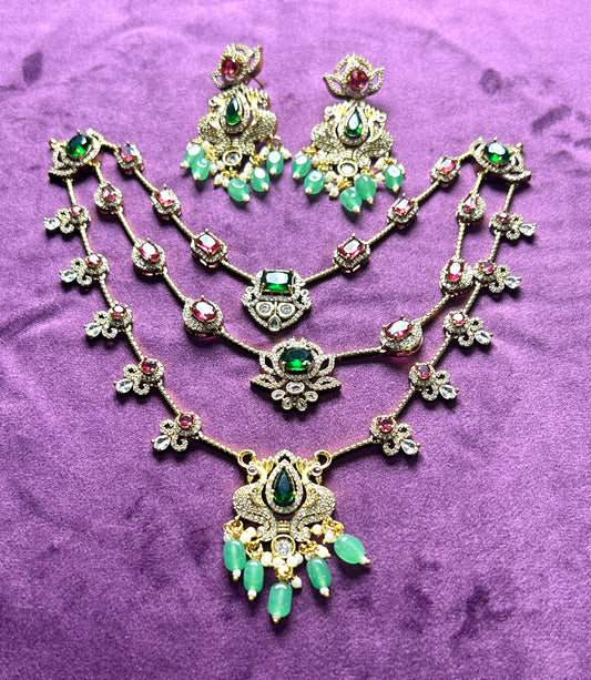 Multilayer Ruby-Emerald Stone Necklace Set with Earrings