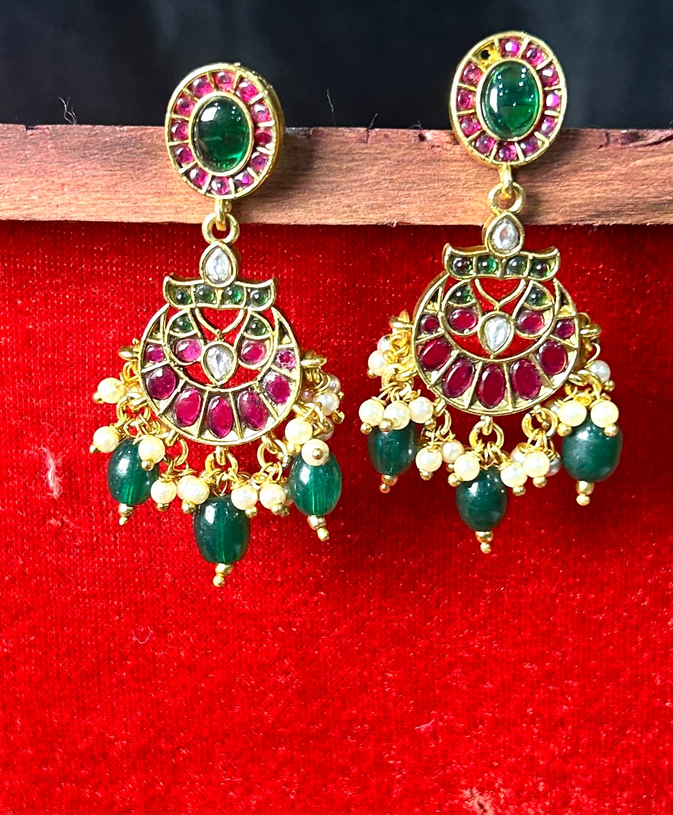 Kundan Meenakari Chandbali Earrings with Pearls & Beads