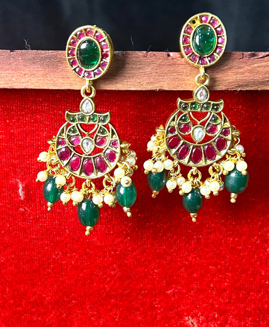 Kundan Meenakari Chandbali Earrings with Pearls & Beads
