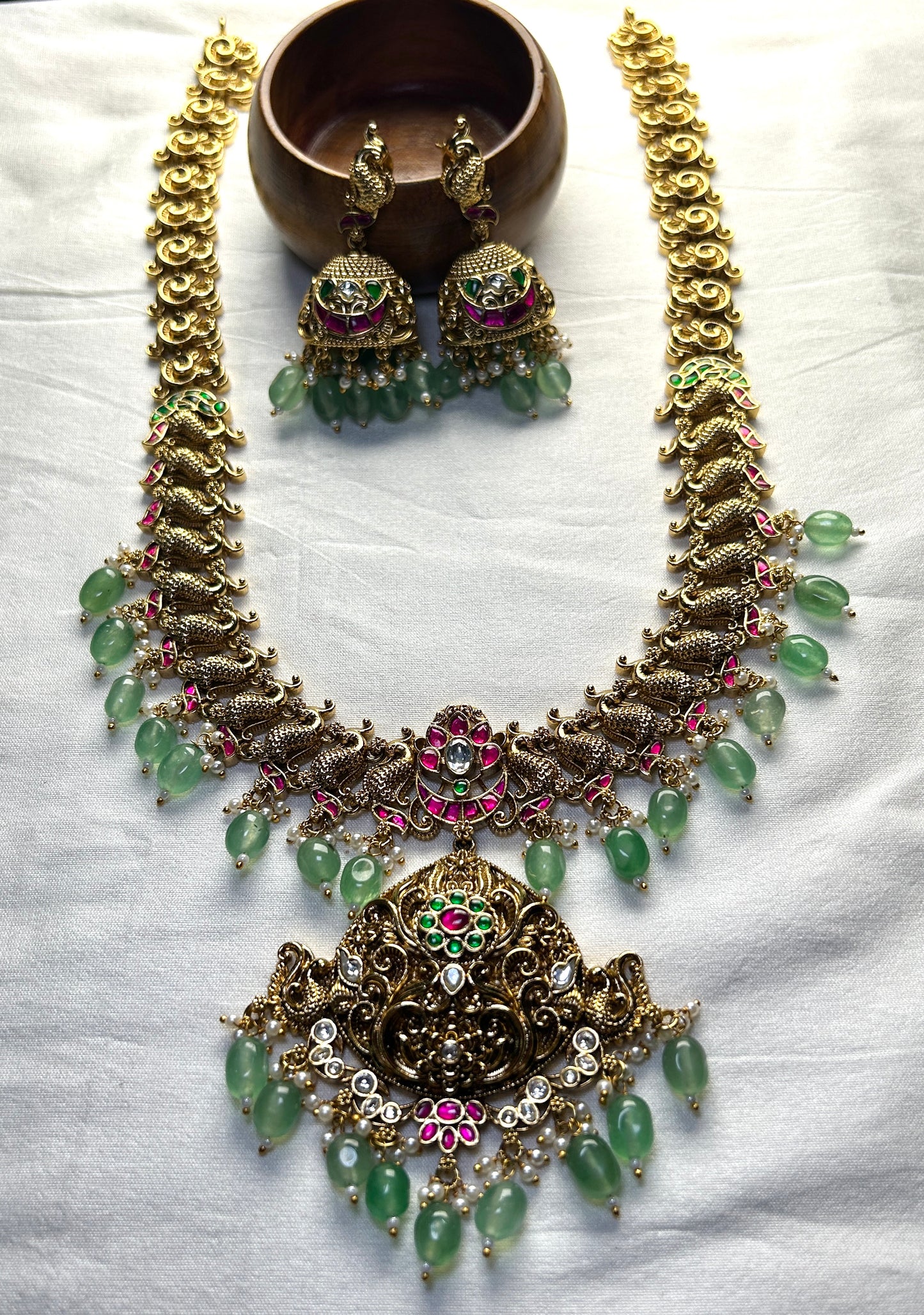 Antique Peacock Bridal Necklace Set with Green Drops