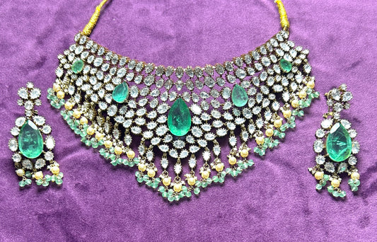 Emerald Green Stone Choker Set with Earrings