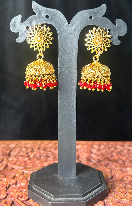 Golden Blossom Red Beaded Jhumkas