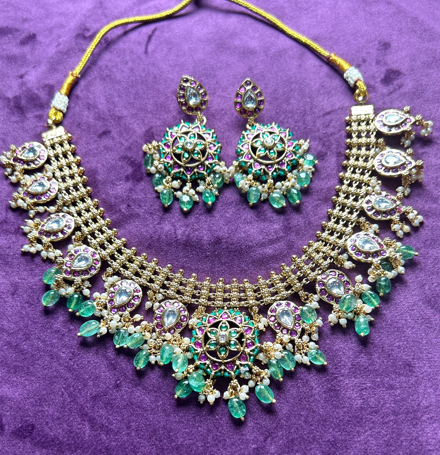 Kundan Mesh Choker Necklace Set with Green Drop Beads