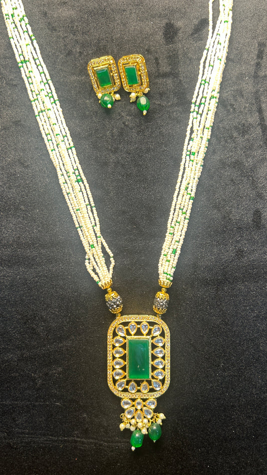 Emerald Pearl Strands Kundan Pendant Set