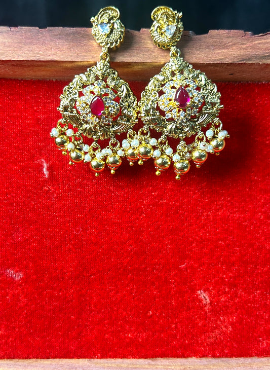 Ruby Red Stone Jhumka Earrings with Pearl & Gold Drops