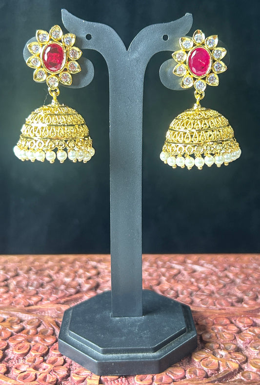 Floral Ruby Jhumkas with Pearl Drops