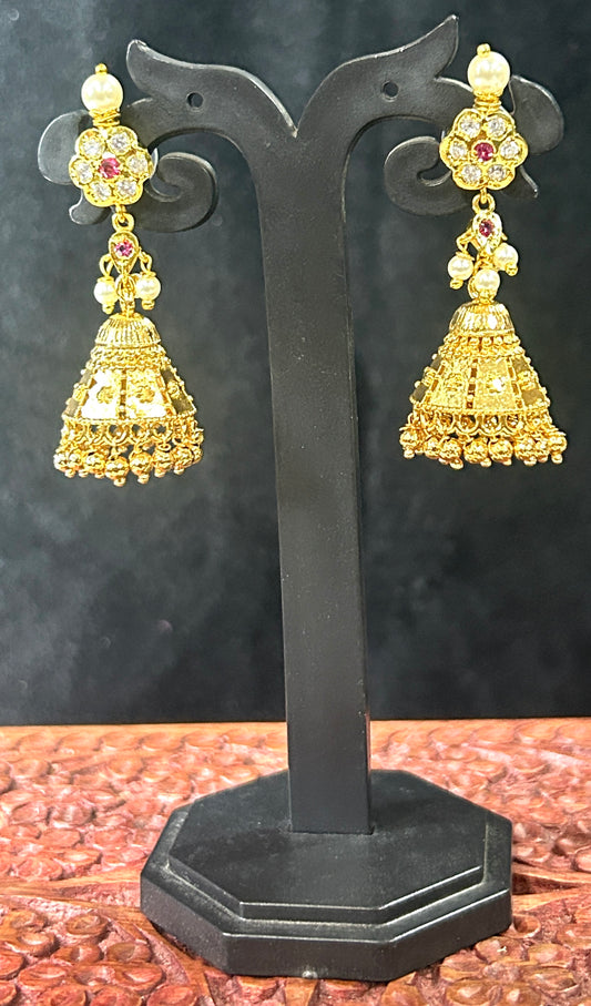 Floral Stone Jhumkas with Pearl Accents