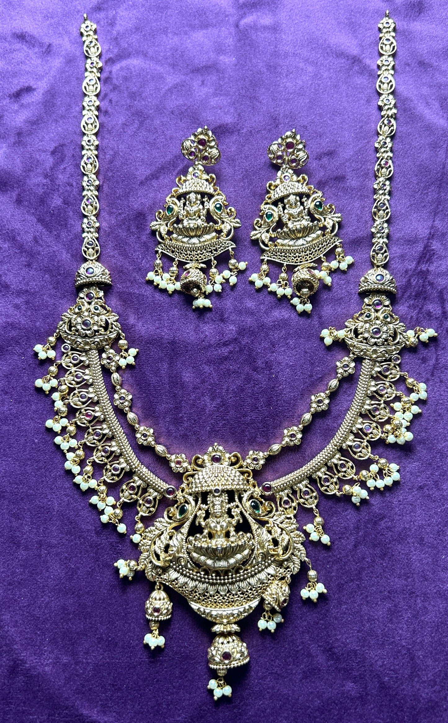 Antique Temple Jewellery Necklace Set with Goddess Lakshmi Motif