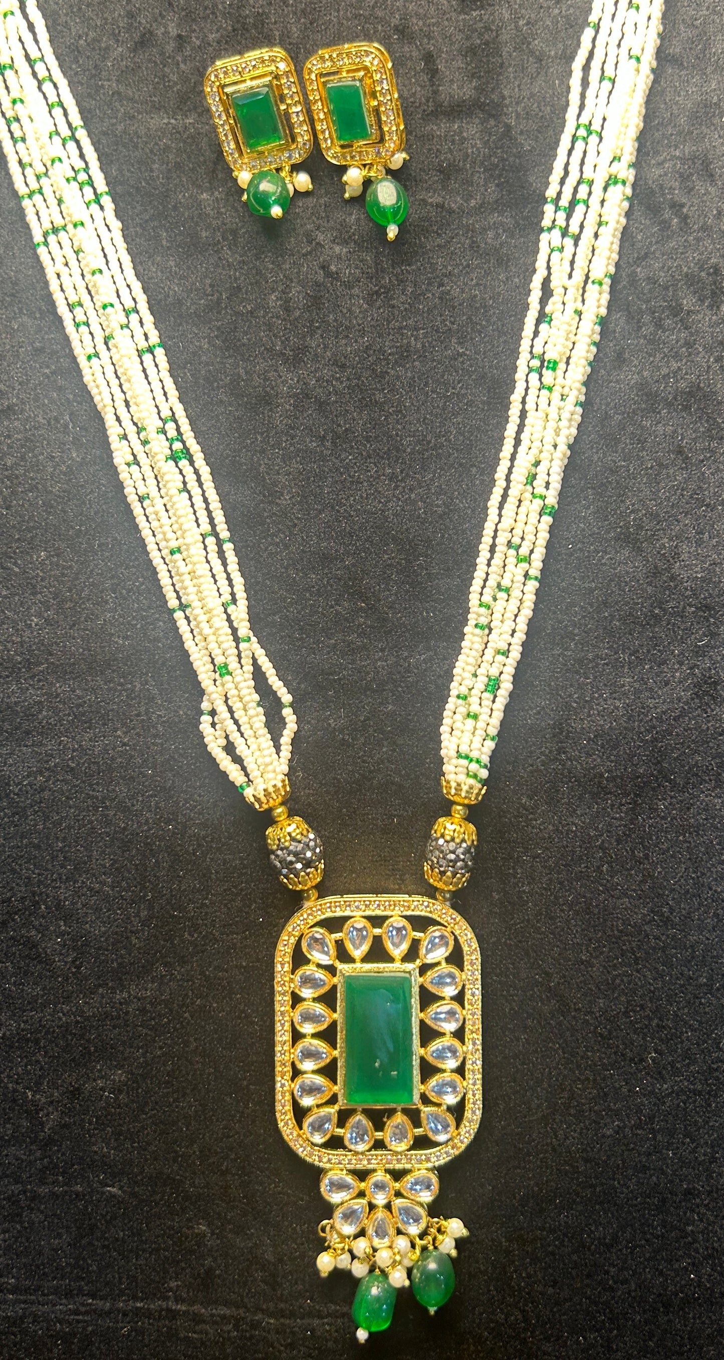 Emerald Pearl Strands Kundan Pendant Set
