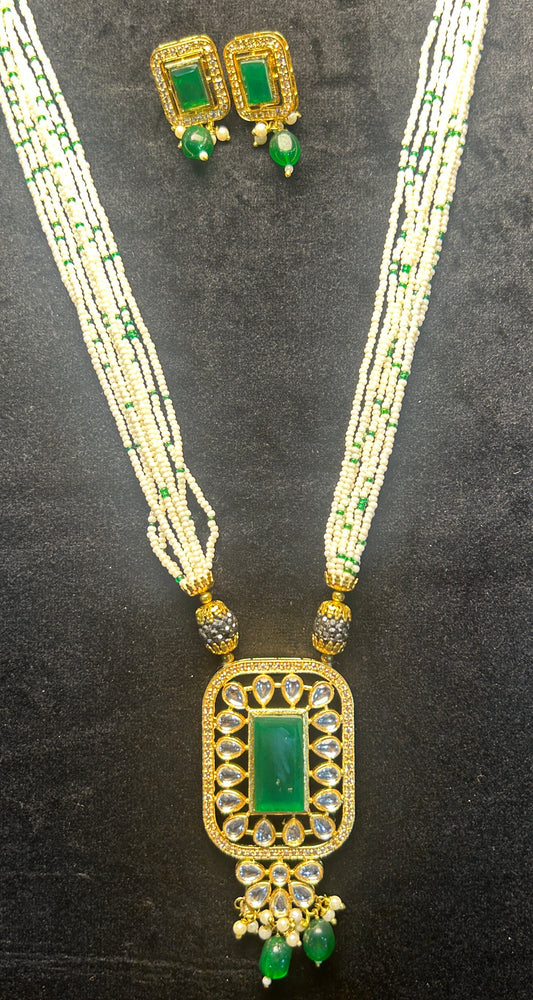 Emerald Pearl Strands Kundan Pendant Set