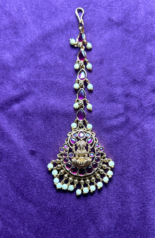 Lakshmi Motif Maang Tikka with Purple Kundan & Pearl Drops