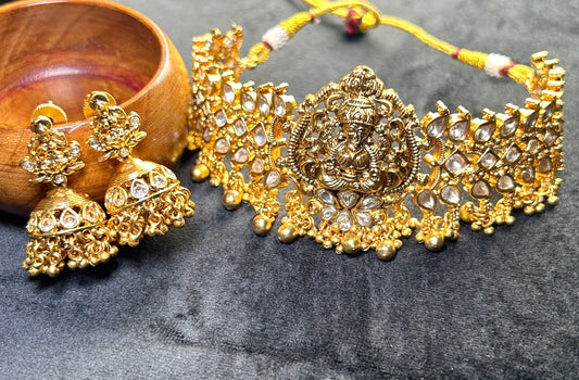 Antique Lakshmi Temple Choker Set – Kundan Work with Golden Ball Drops