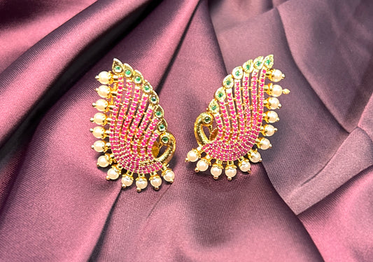 Pink & Green Peacock Wing Earrings