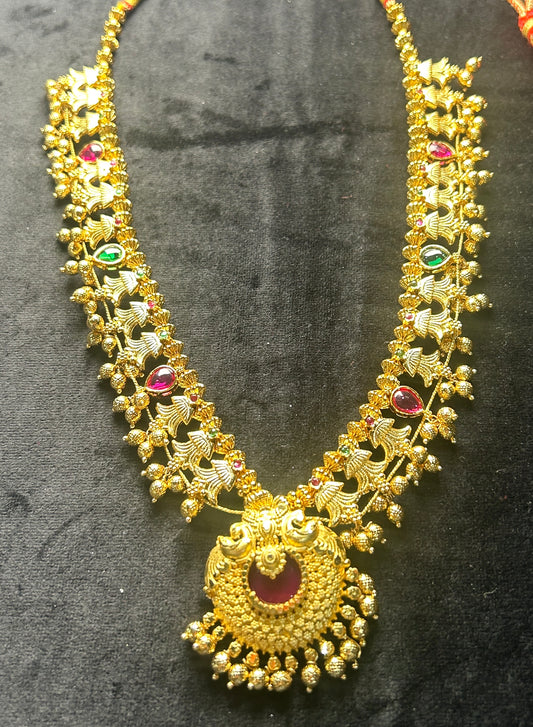 Rajwadi Peacock Pendant Haar with Ruby-Green Accents