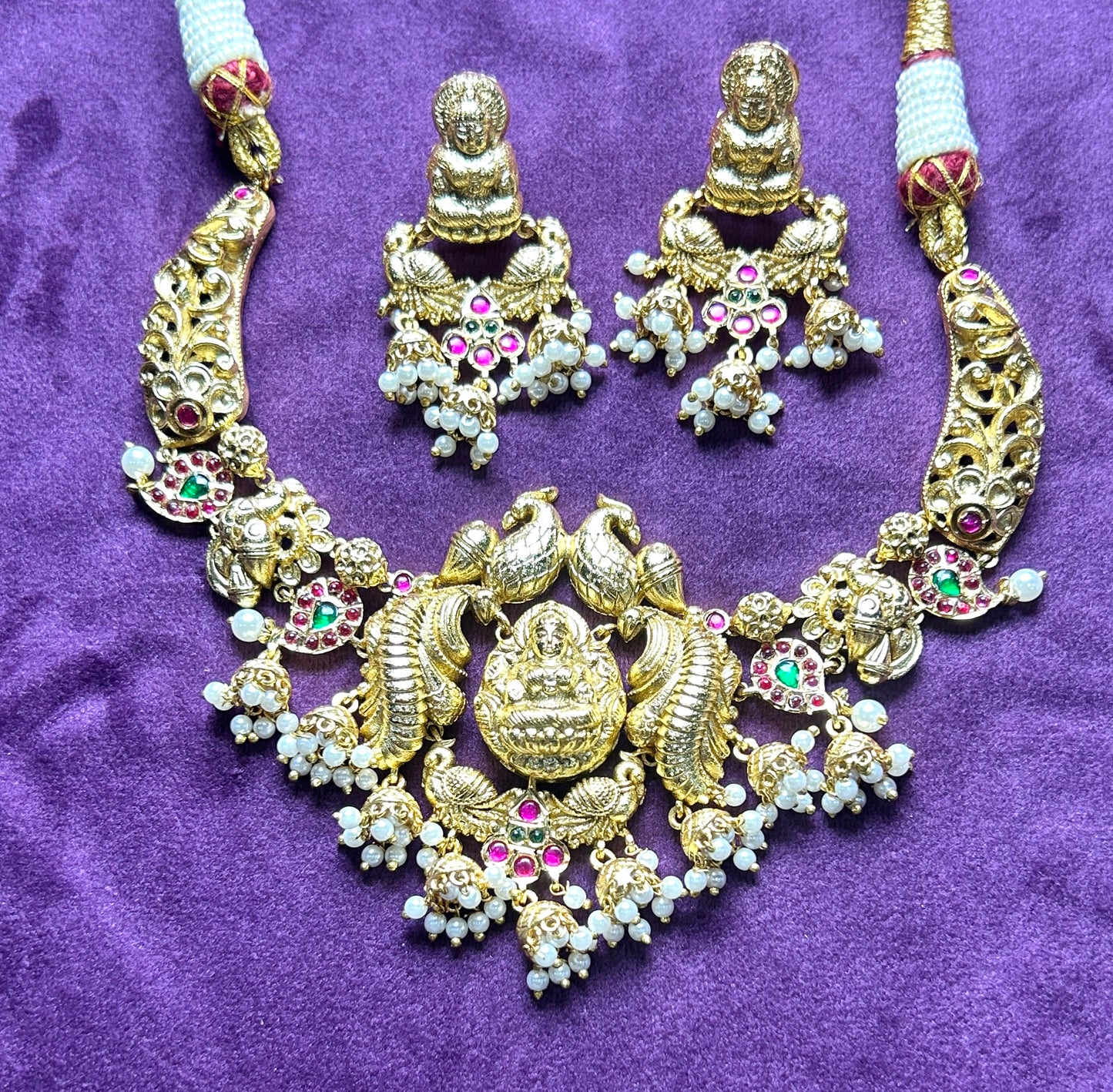 Antique Lakshmi Temple Choker Set with Pearl Drops